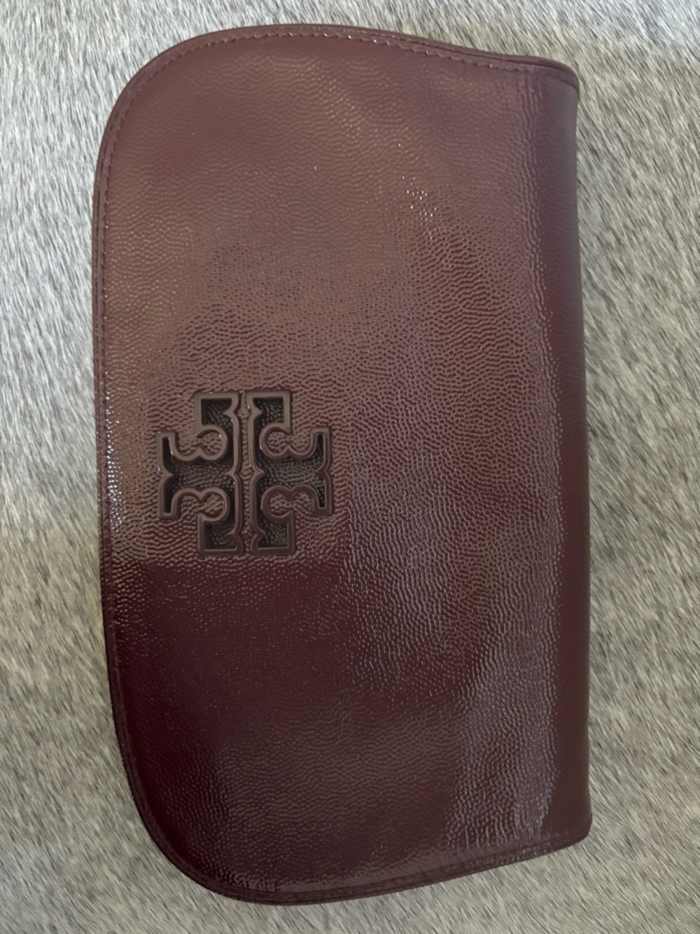 Tory Burch Glossy Wine Patent Leather Clutch with Gold Hardware